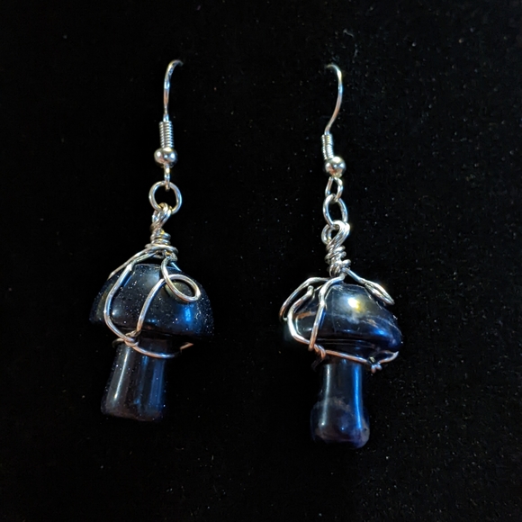 Black Agate And Blue Goldstone Mushroom Artisan Earrings - Picture 3 of 6